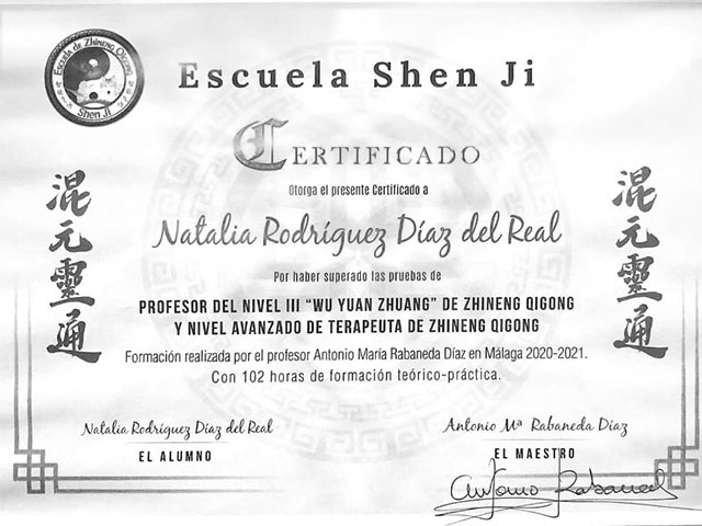Natalia Rodríguez Díaz del Real - Certificado Curso Chi Kung - Zhinengser